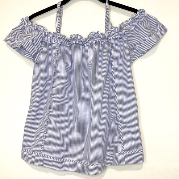 7 For All ManKind off shoulder Pin Stripe Short Sleeve Top - Picture 2 of 6